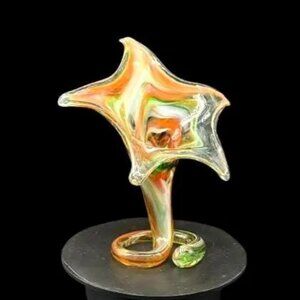 Vintage MCM Hand Blown Art Glass Green Orange Trumpet Flower Vase Decor 9 X 8